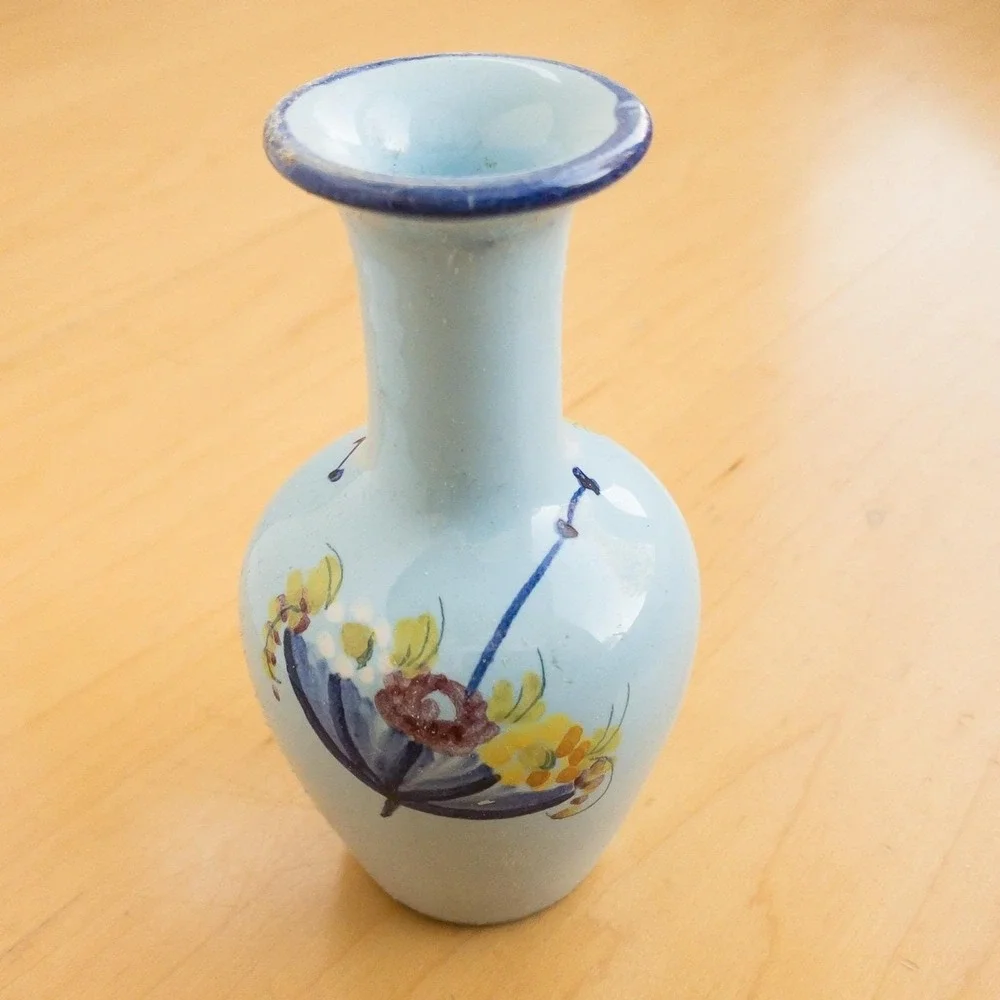 Italy Ceramic Vase and Trinket Jar Set Blue Floral Hand‎ Painted Vintage Ceramic